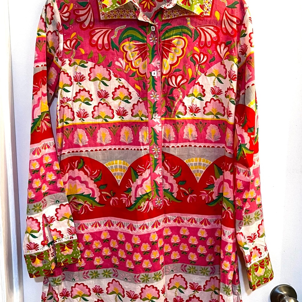 Italian Made Delfina 100% Cotton Floral Block Print Long-Sleeve Mini Dress SizeM